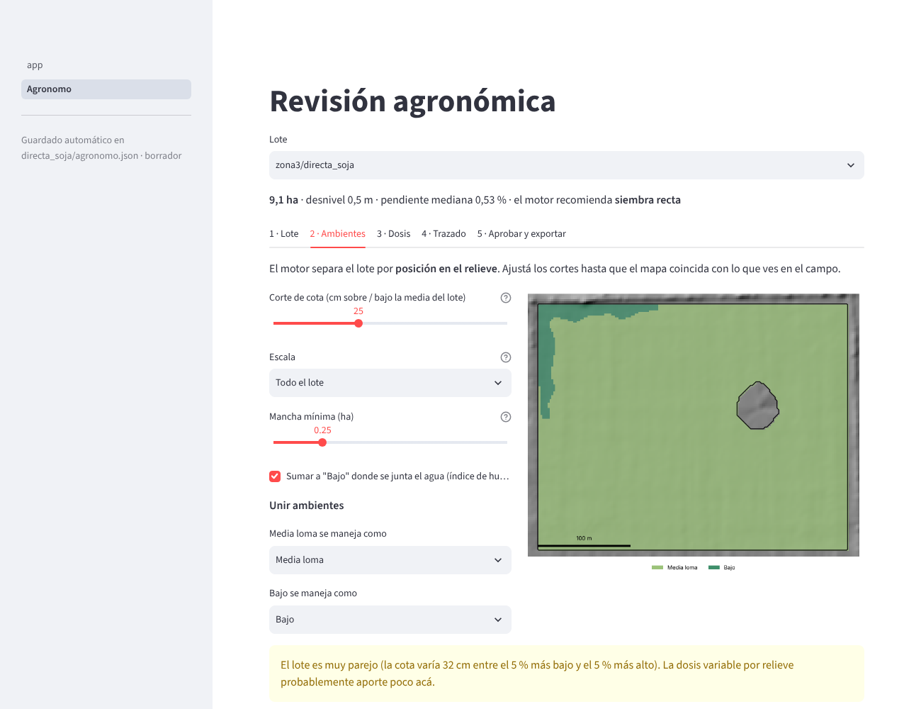 Pantalla de revisión agronómica de Arvista con el mapa de ambientes de un lote